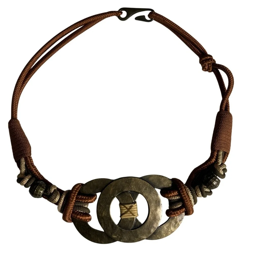 Vintage 1994 Leather Shop Brown Braided Cord Belt Brass Interlocking Ring Buckle